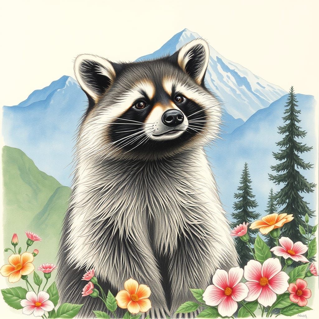 Vibrant Raccoon in a Majestic Alpine Setting