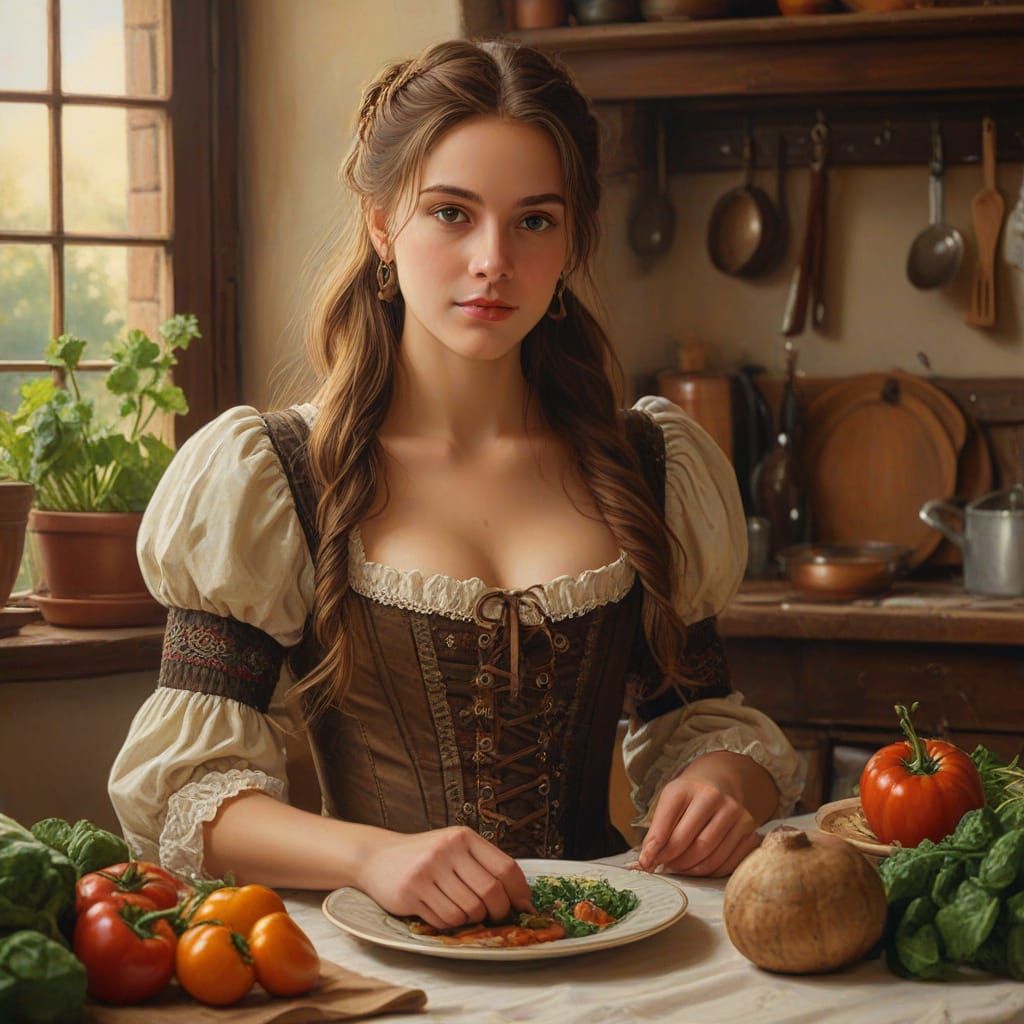 Medieval Woman Preparing Dinner as Oil Painting