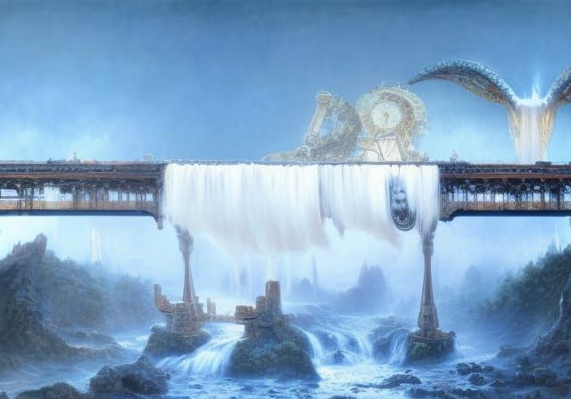 Steampunk Bridge and Waterfall in Fantasy Style
