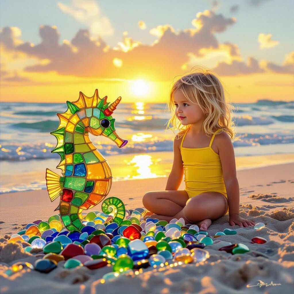 Girl Sculpts Glowing Seahorse from Sea Glass on Beach