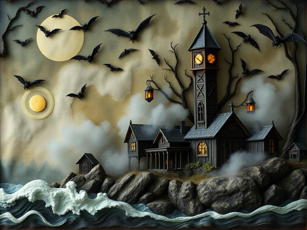 Eerie Coastal Village in Assemblage Art Style