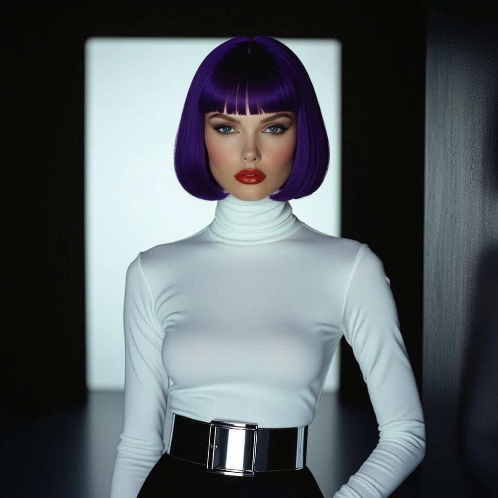 Poised Violet-Haired Woman in Helmut Newton Style