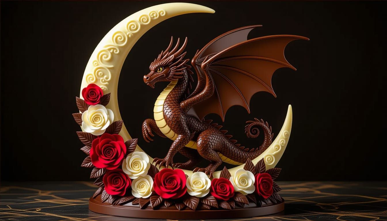 Luxurious Chocolate Dragon Sculpture with Moon Frame