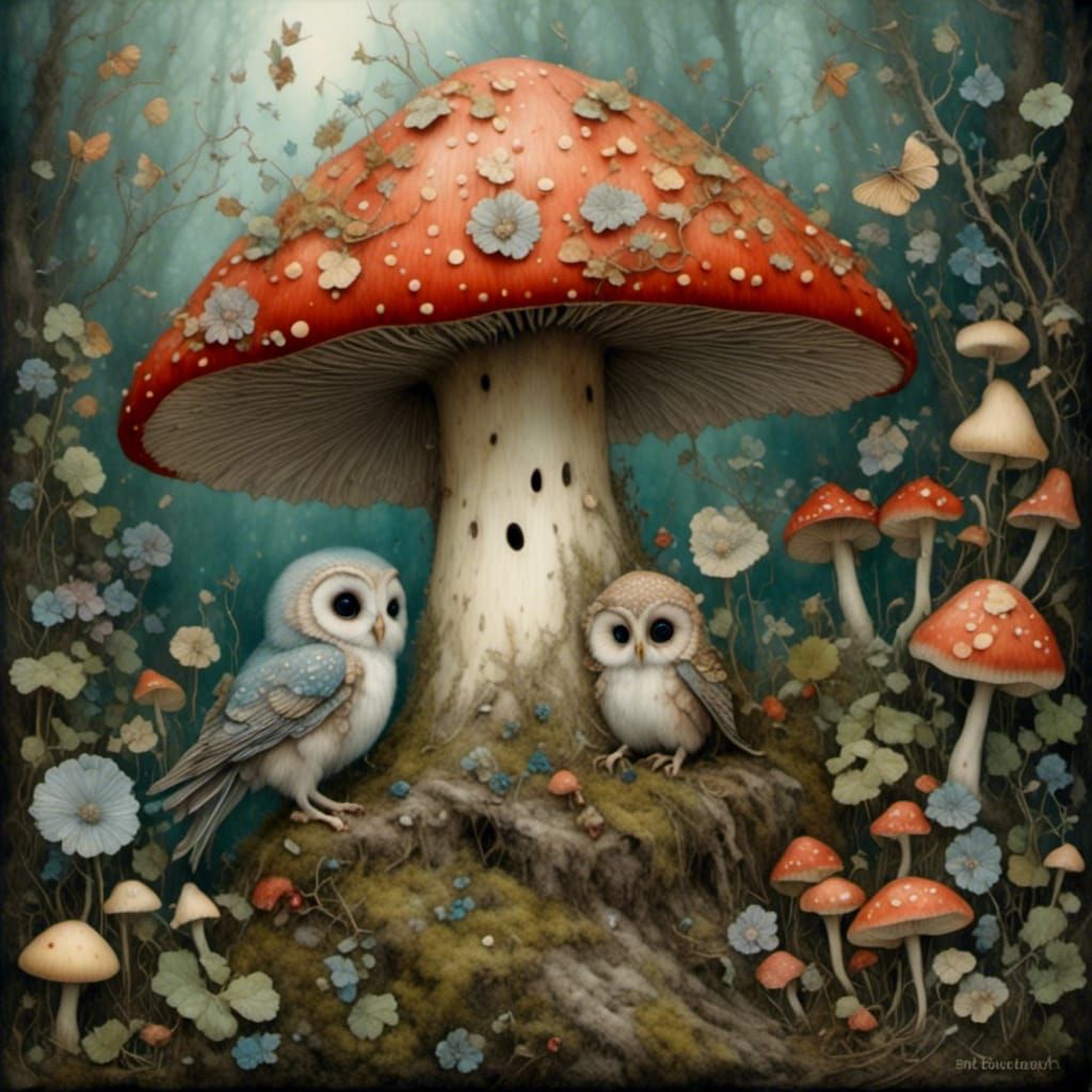 Baby Owl Under Mushroom: Detailed Fairytale Illustration