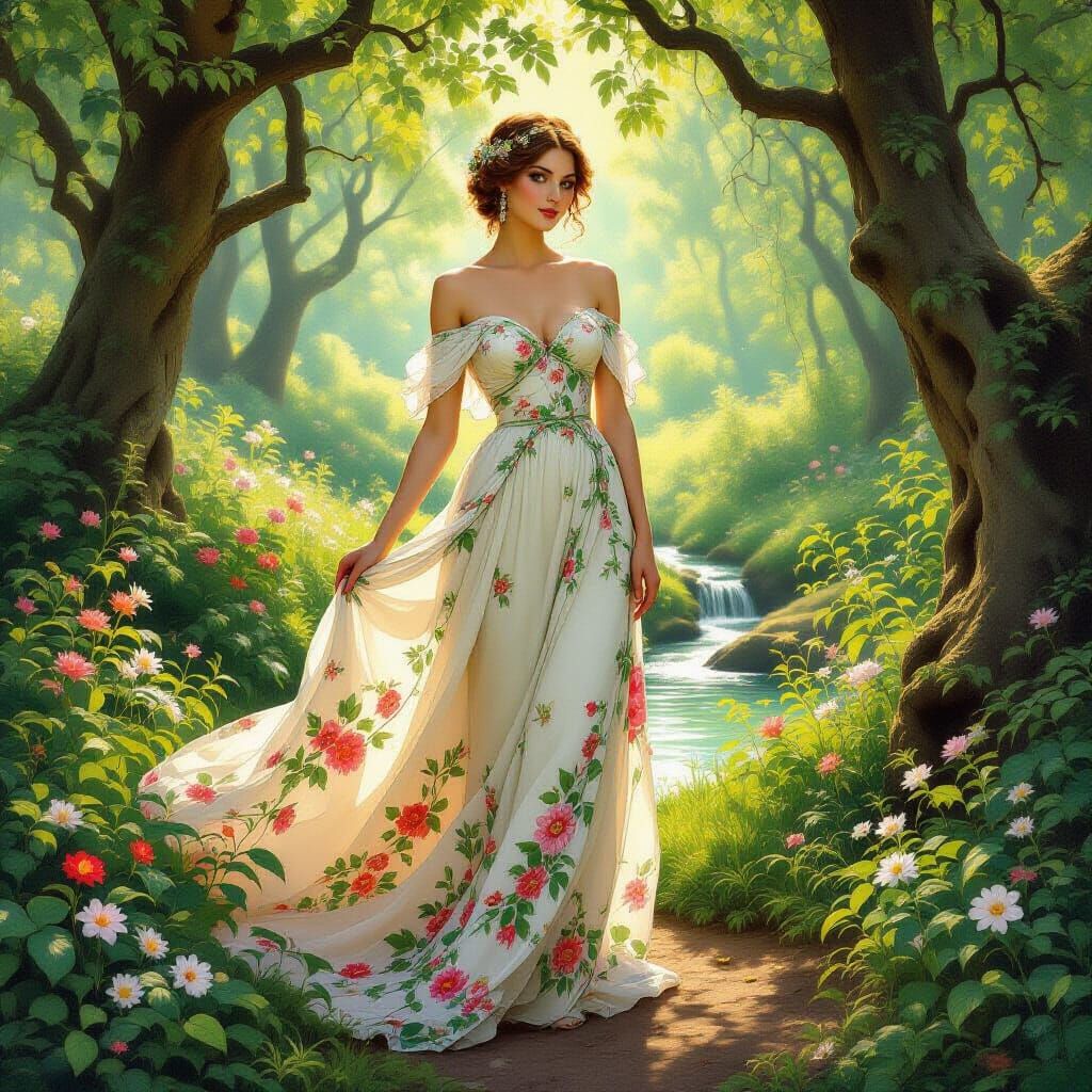 Elegant Woman in Floral Gown in Sun-Dappled Forest Clearing