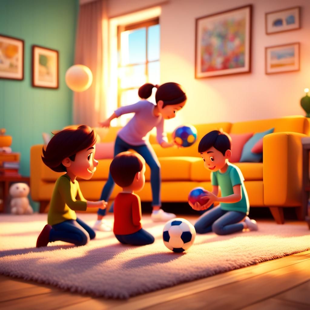 Happy Family Playing: Pixar-Style Digital Animation