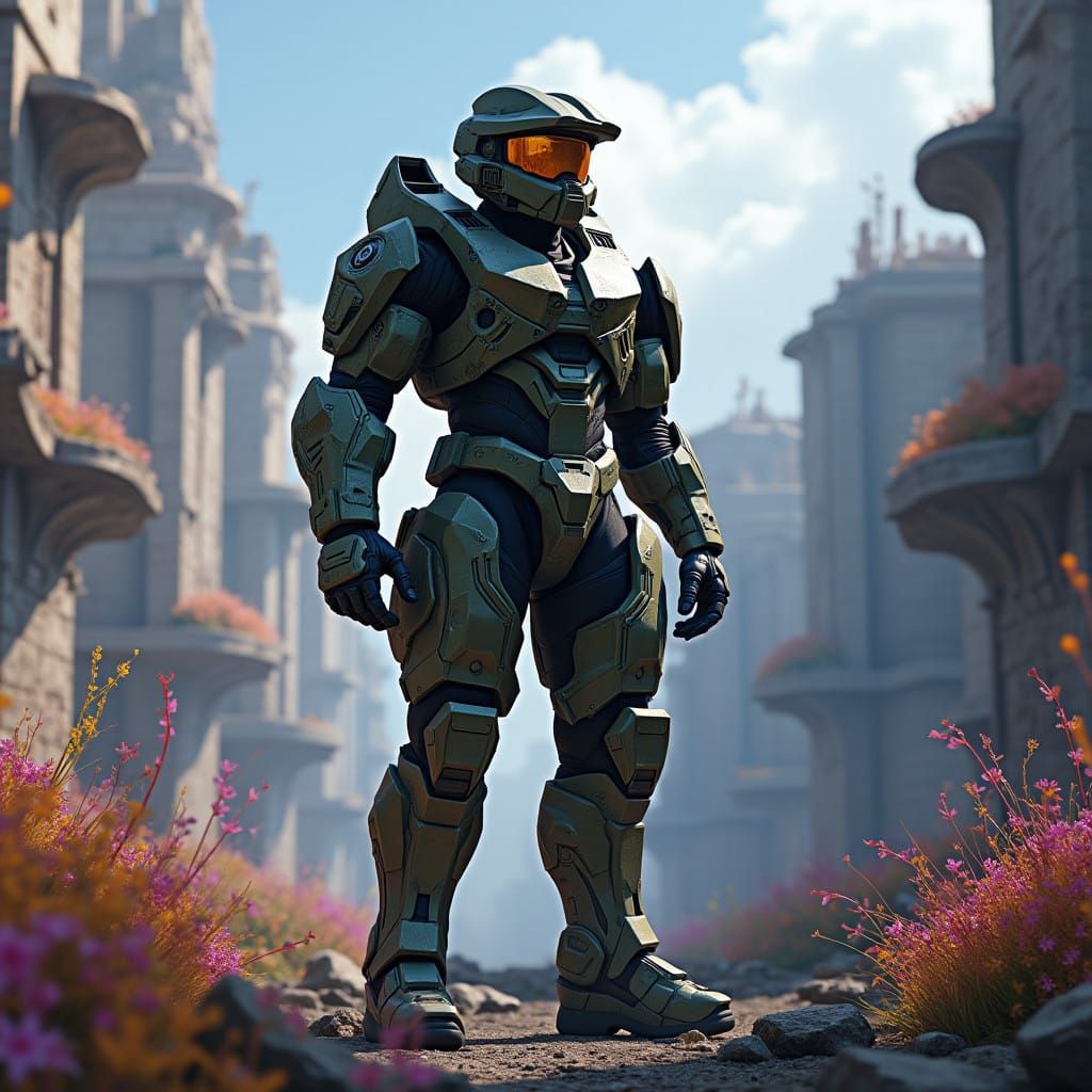 Surreal Sci-Fi Cityscape with Heroic MJOLNIR Trooper in Matt...