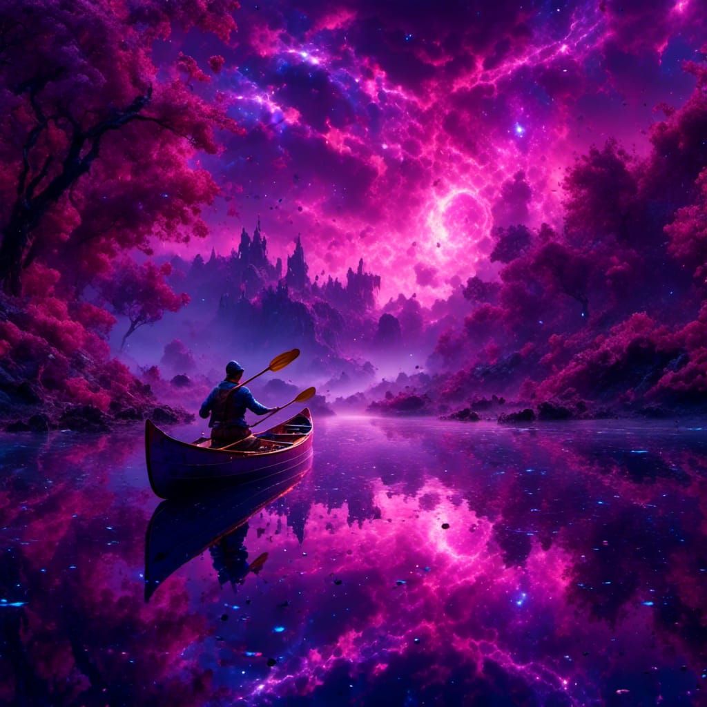 Canoe at Night Under Purple Nebula: Digital Painting