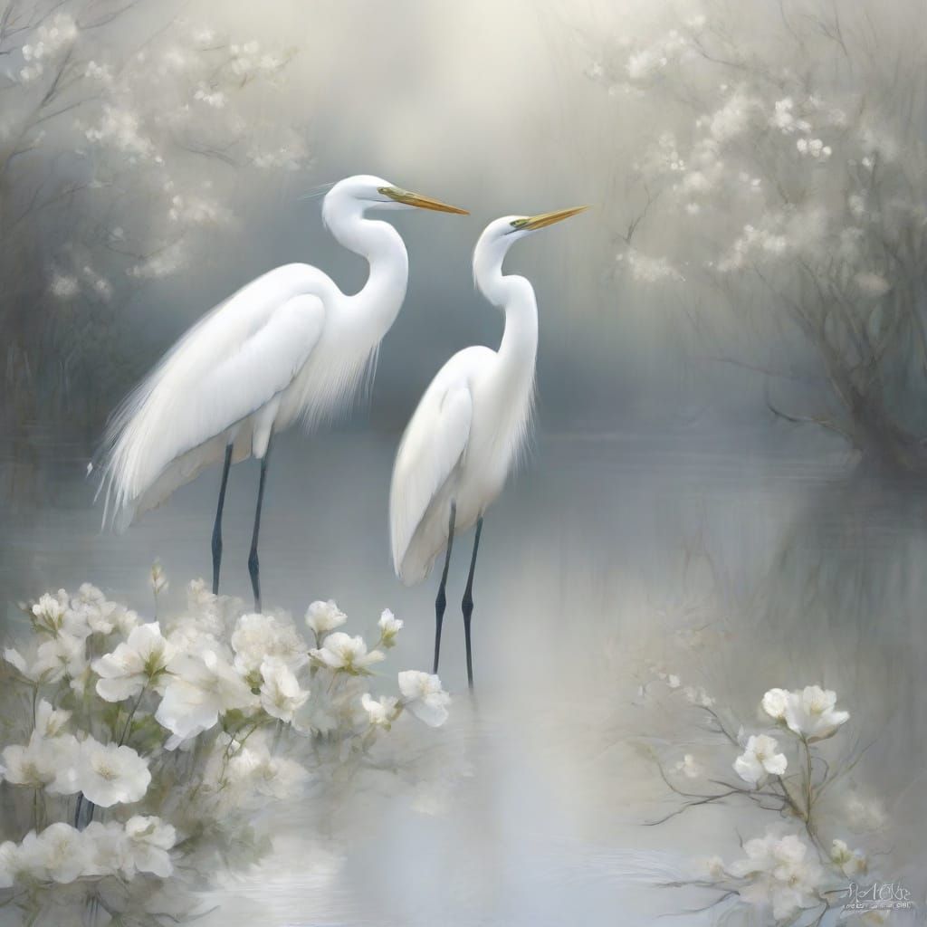 Great Egrets in Dreamy Fog, Anime Impasto Style