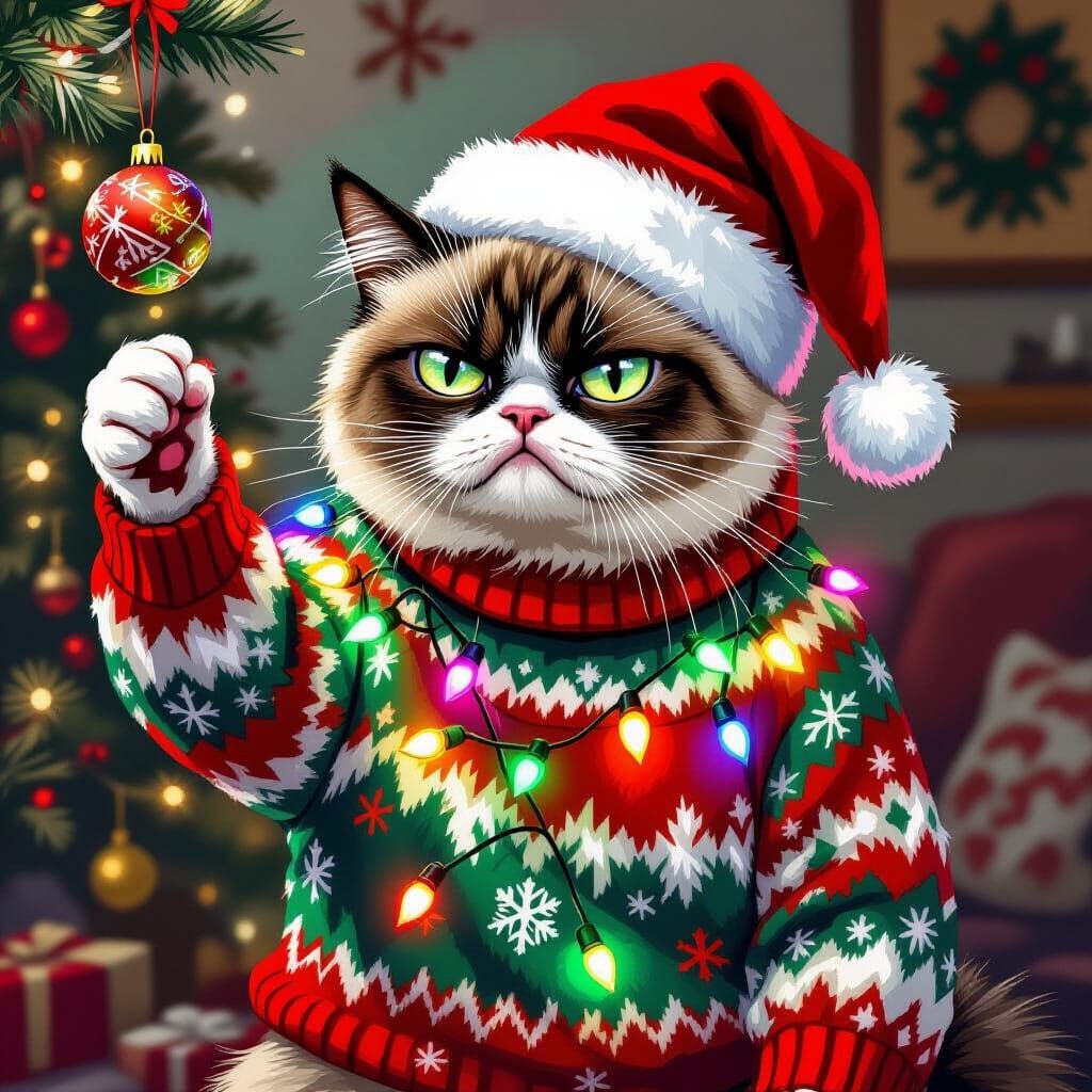 Grumpy Cat in Festive Sweater with Blinking Lights