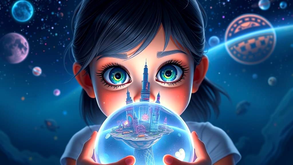 Girl with Galaxy Eyes Gazes into Crystal Ball of Future City
