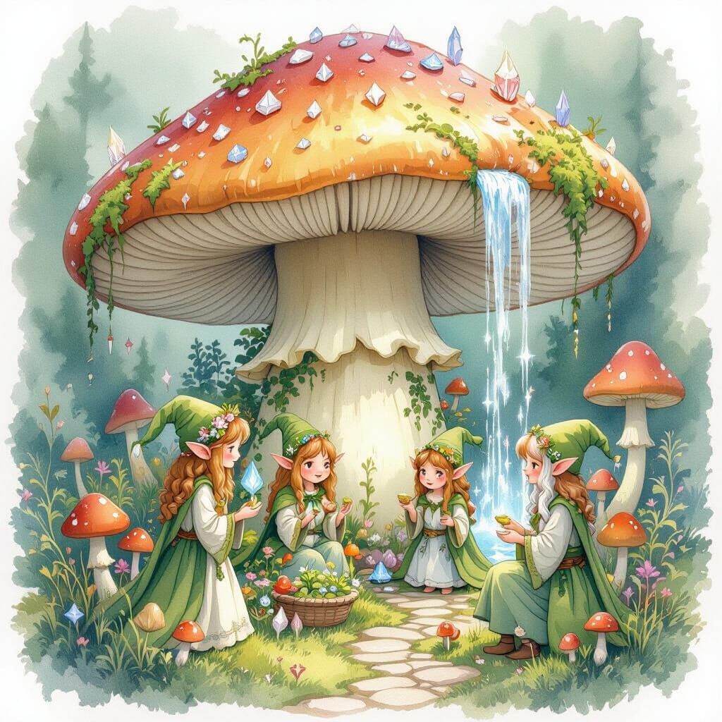 Enchanted Elven City in Giant Mushroom, Watercolor Style
