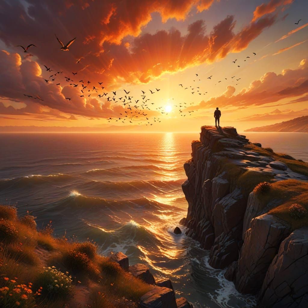 On a Cliff Overlooking a Sunset