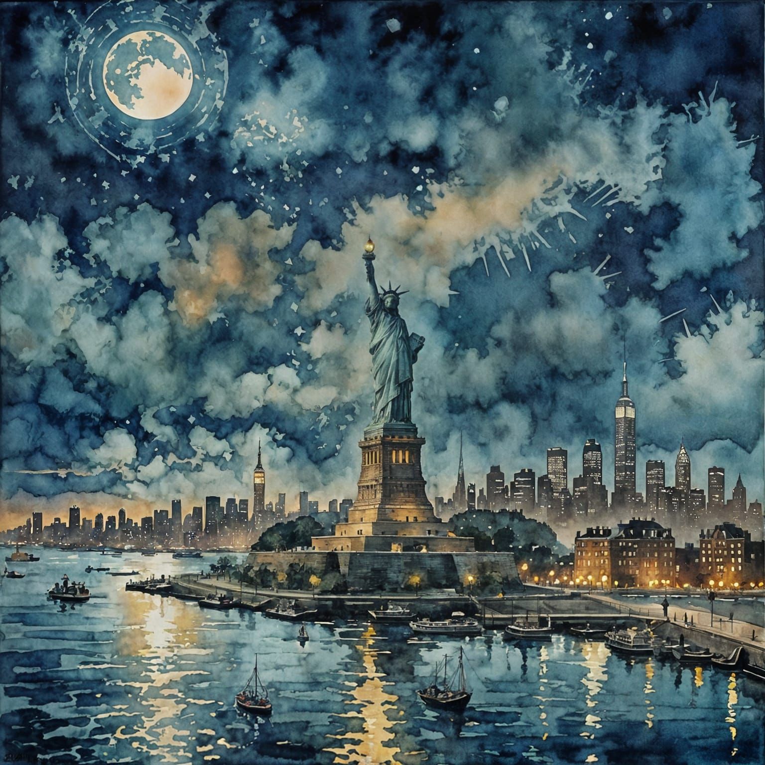 Liberty Island at Night in Watercolor Style