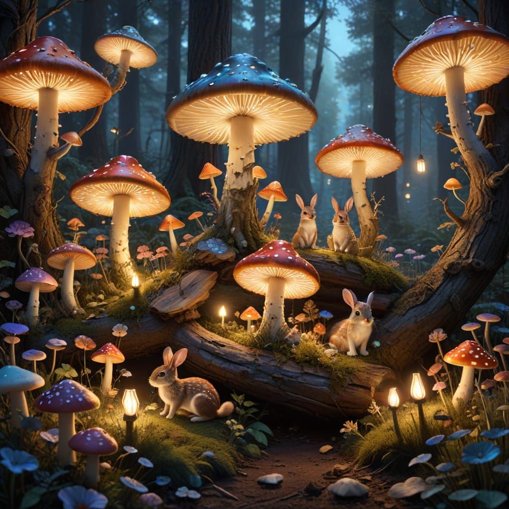 Magical Forest Scene With Glowing Mushrooms and Napping Bobc...