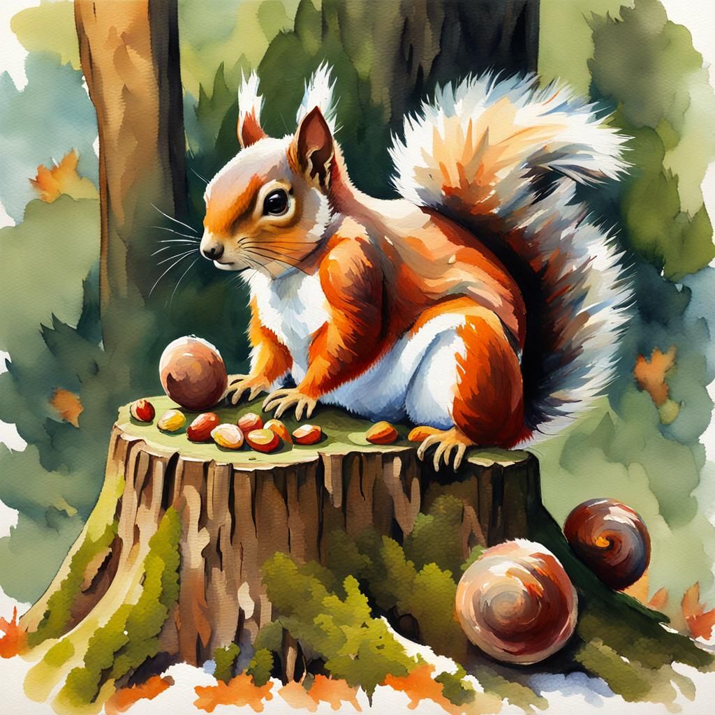 Squirrel with Acorns in Gouache Impressionist Style