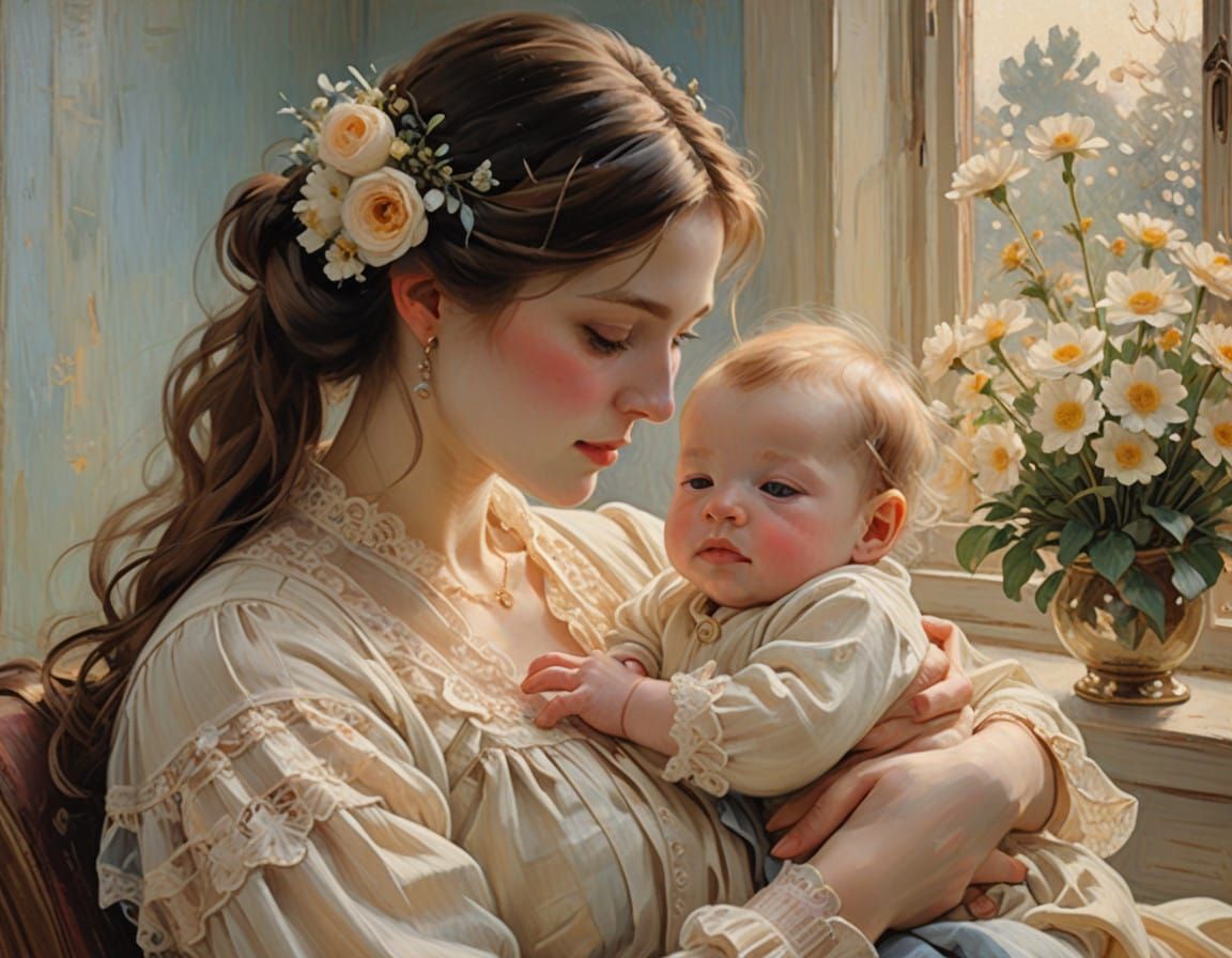 Mother's First Embrace in Soft Impressionist Light