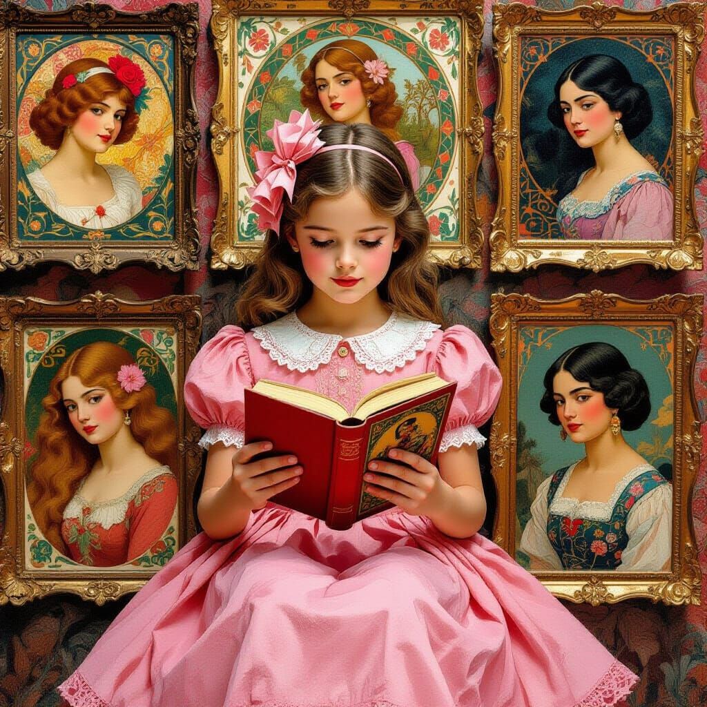 Girl Reads Book in Vintage Oil Painting Style