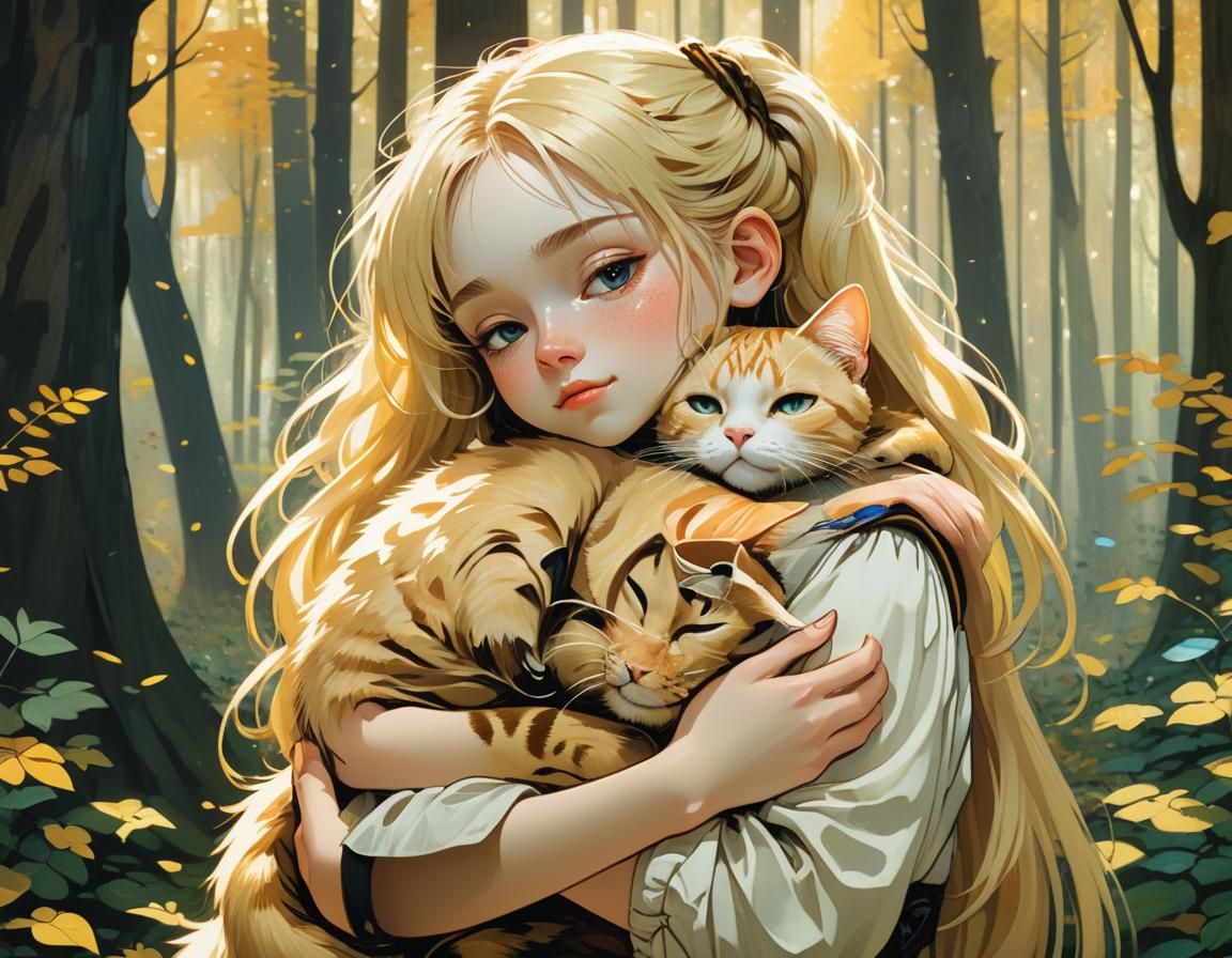 Girl Hugging Cat in Forest, Klimt Style