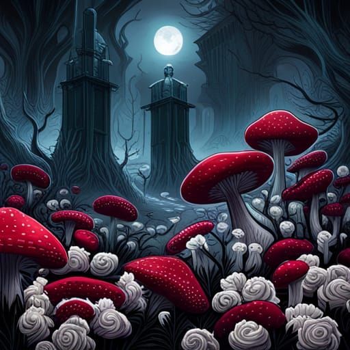Gothic Victorian Garden with Giant Crimson Mushrooms