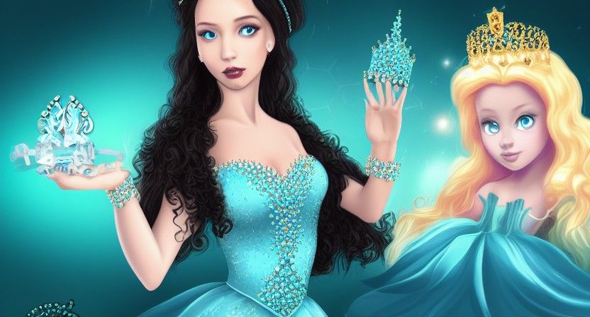 Gothic Princess with Gem Crown in Cyan Dress