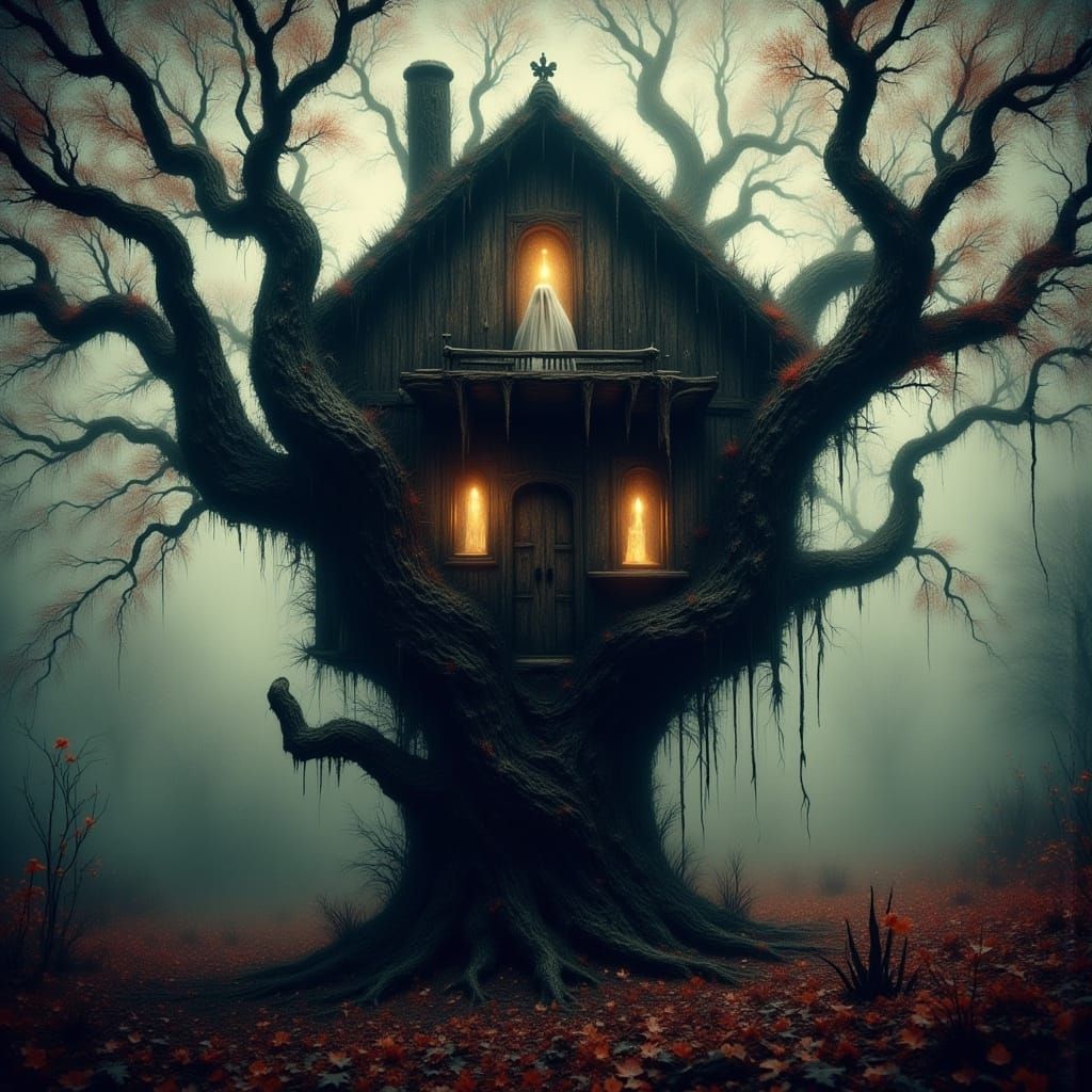 Ethereal Treehouse Whispers in the Autumn Fog