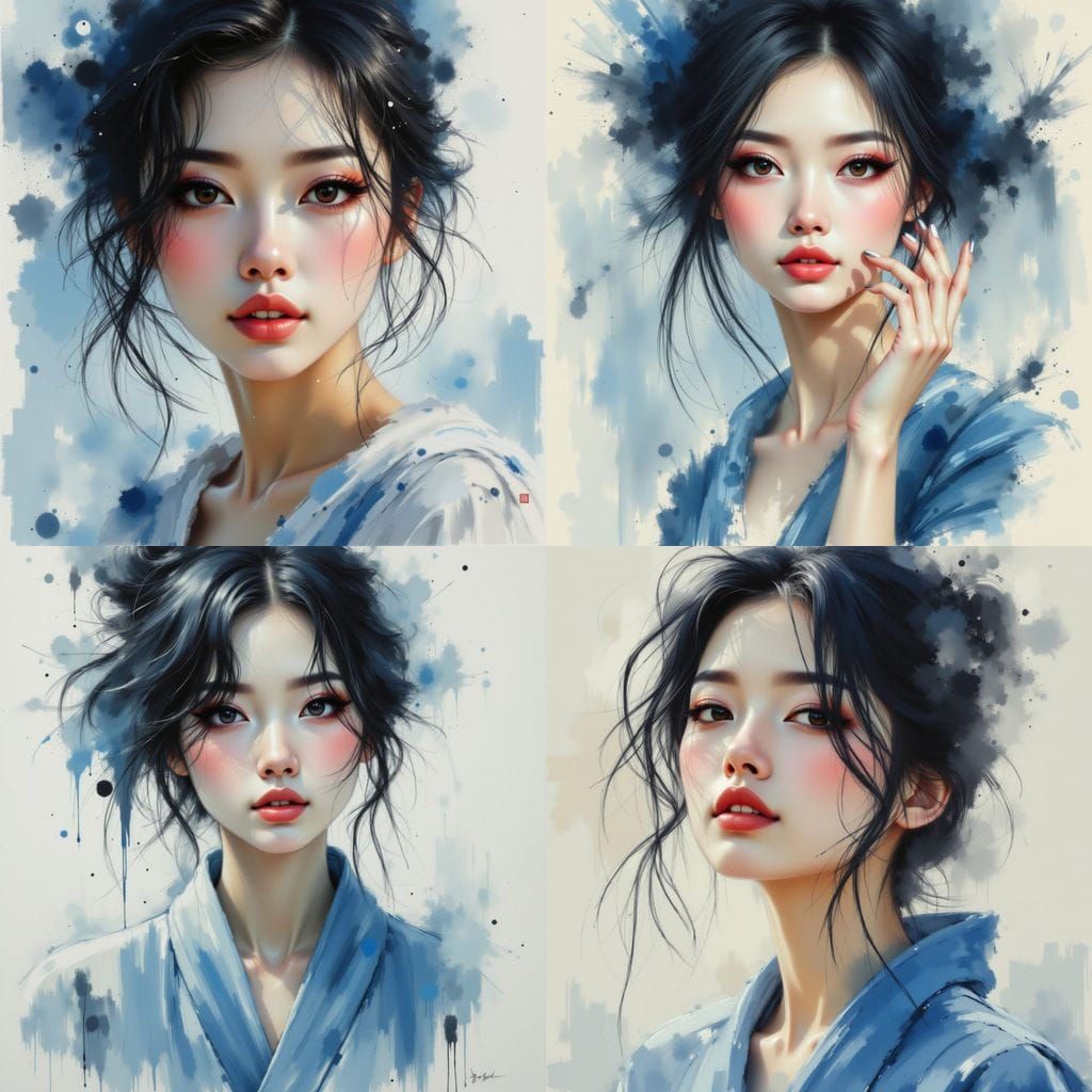 Sensual Japanese Woman in Tattered Blue Clothing Oil Paintin...