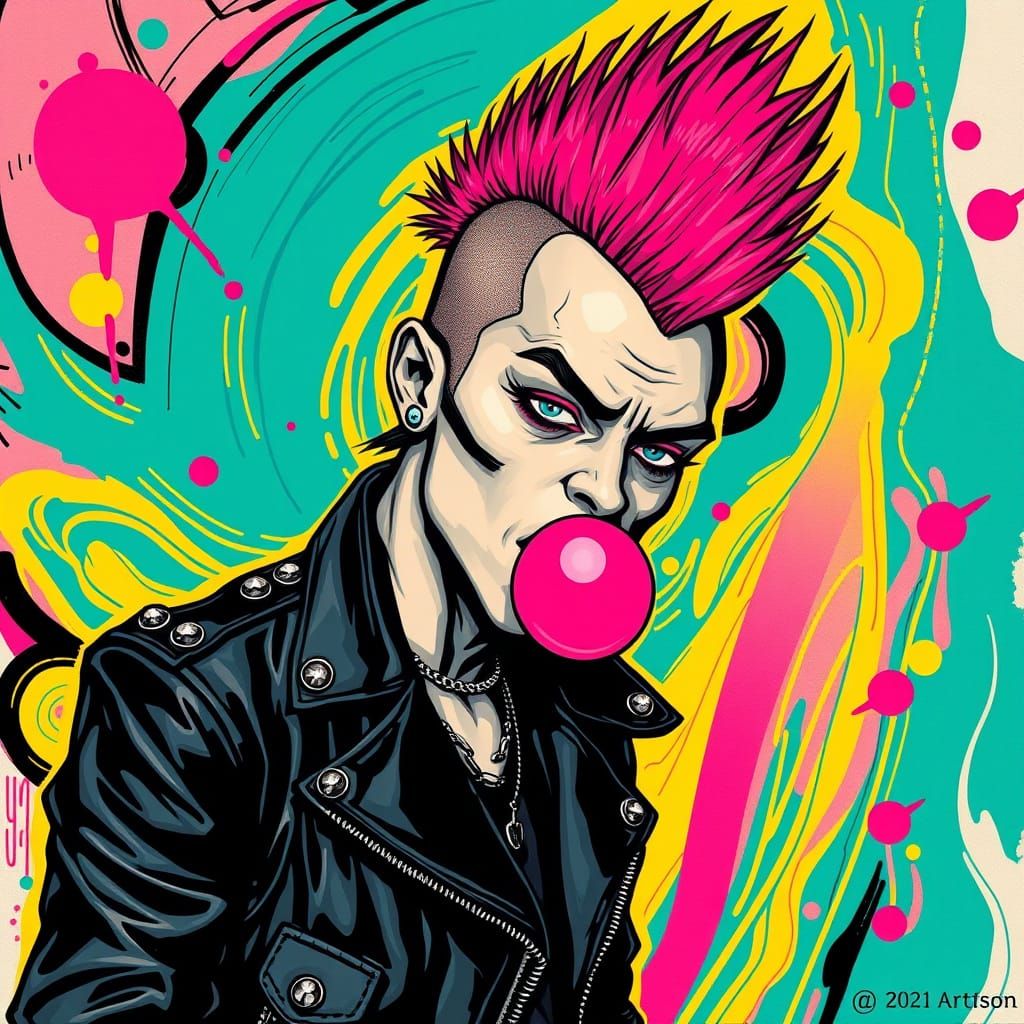 Punk Rocker with Vibrant Pink Mohawk in Bold Graphic Art