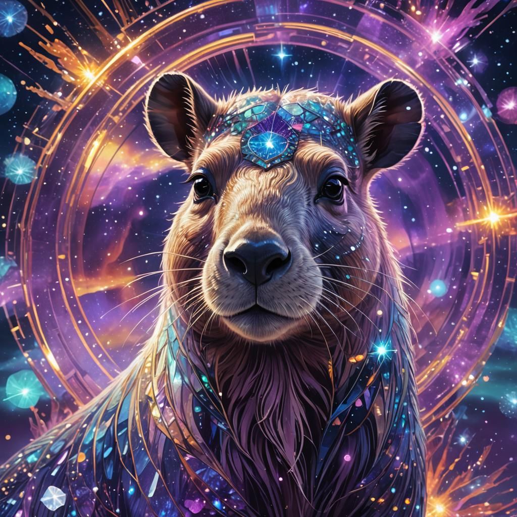 Dazzling Holographic Glass Capybara with Cosmic Details