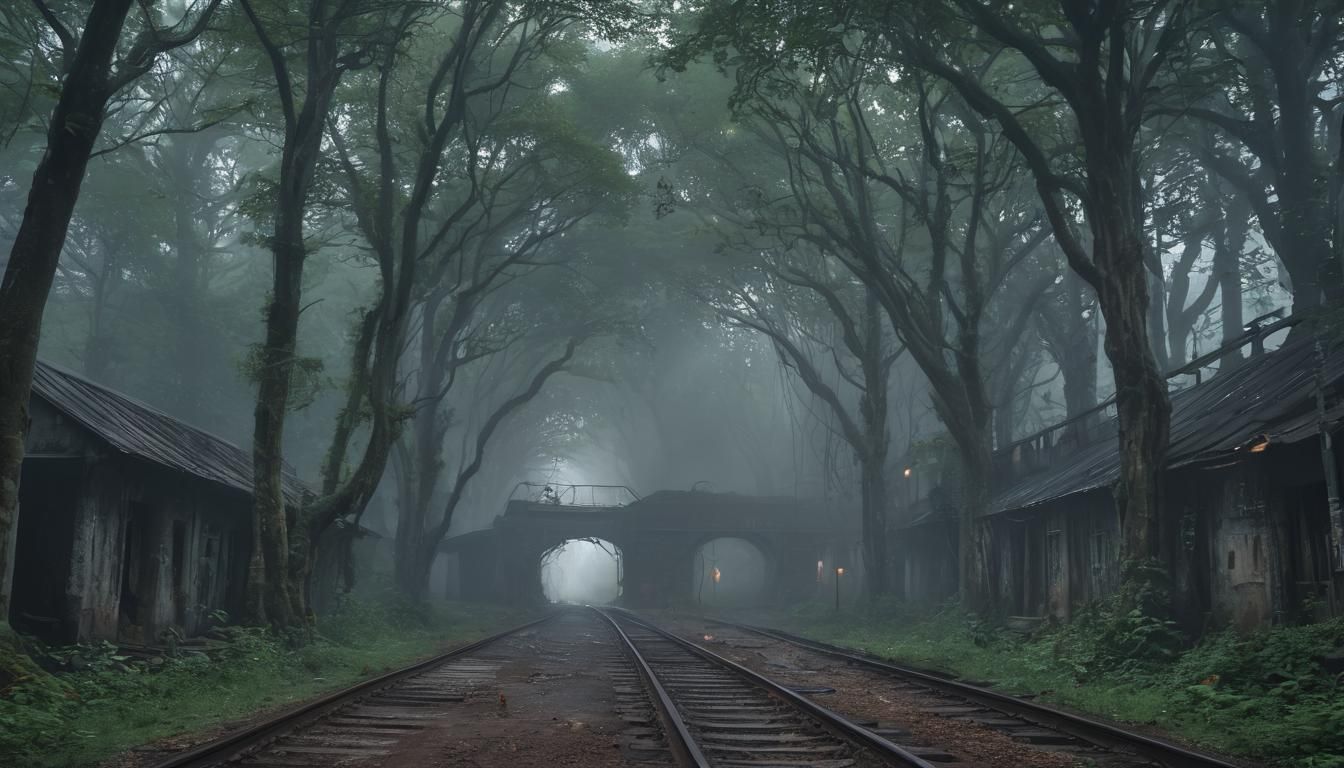 Ethereal Abandoned Train Shed in Misty Forest Depths