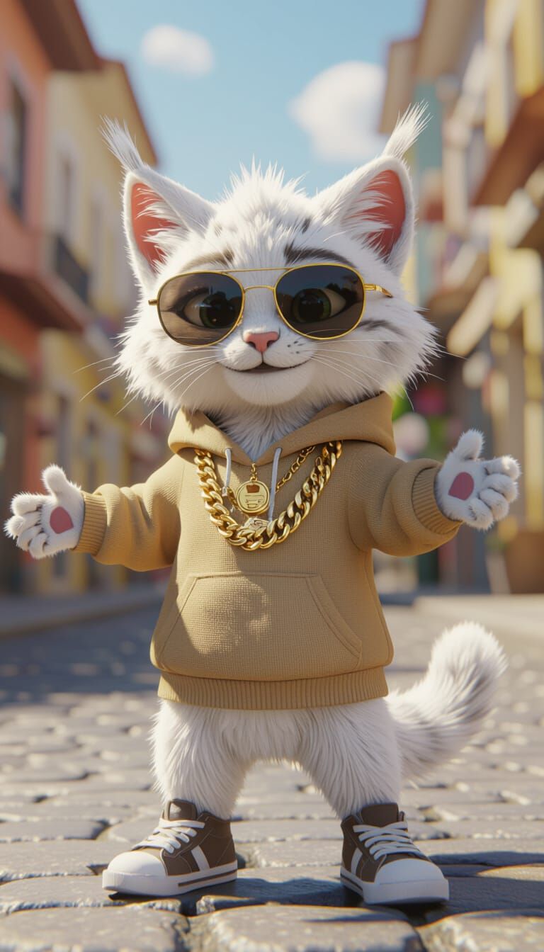 Adorable Lynx Cub in Sunglasses and Hoodie on Cobblestone St...