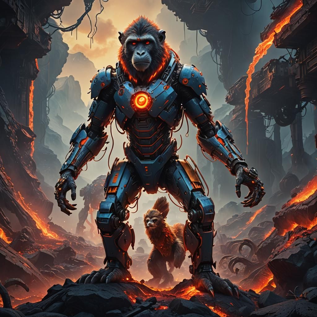 Robotic Lava Monkey Uperrcuts Wolf: Fantasy Art