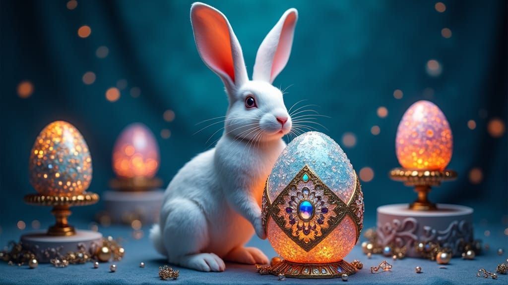 Guardian Rabbit with Gemstone Faberge Eggs