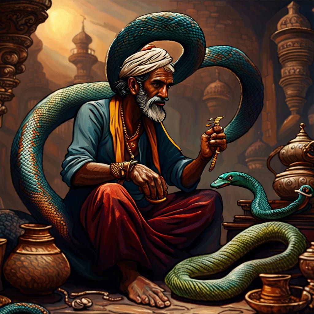 Hindu Fakir Snake Charmer: Surreal Oil Painting