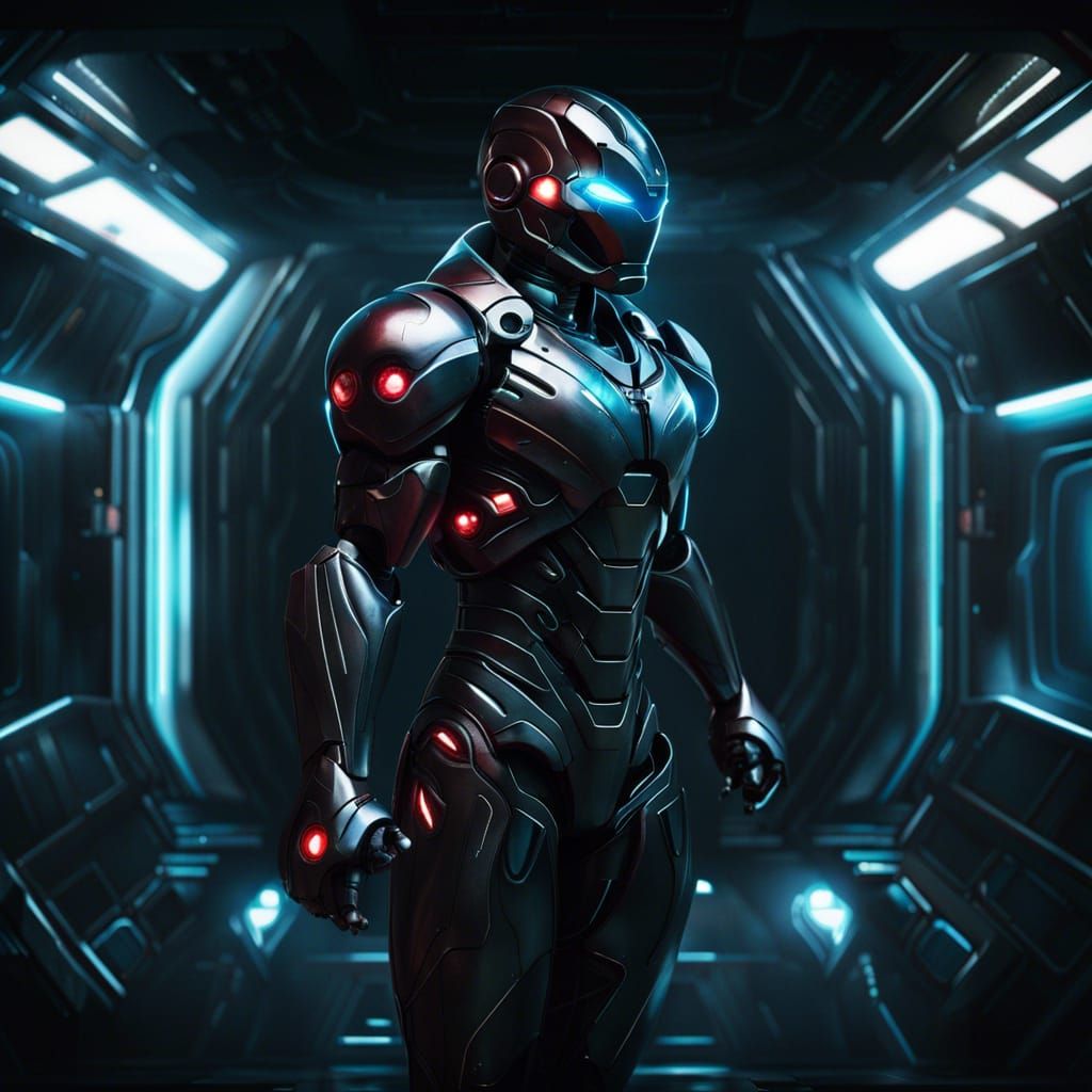 Hyperrealistic Iron Man Dark Samus Fusion in Sci-Fi Interior