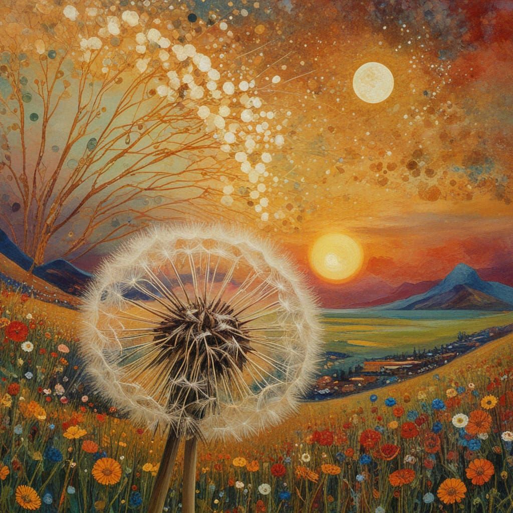 Golden Dandelion in a Klimt-Inspired Sunset Tapestry