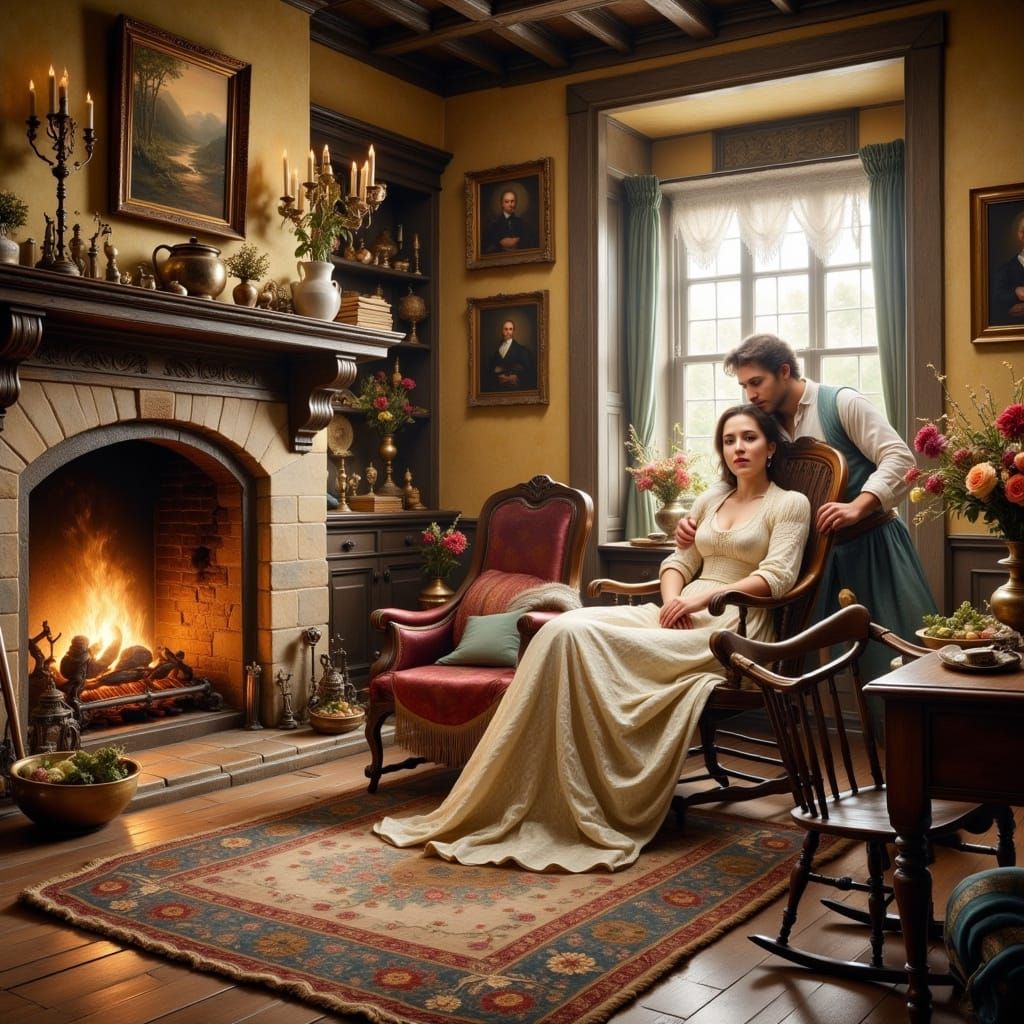 Shakespeare and Wife in Cozy Stratford Home as Watercolor