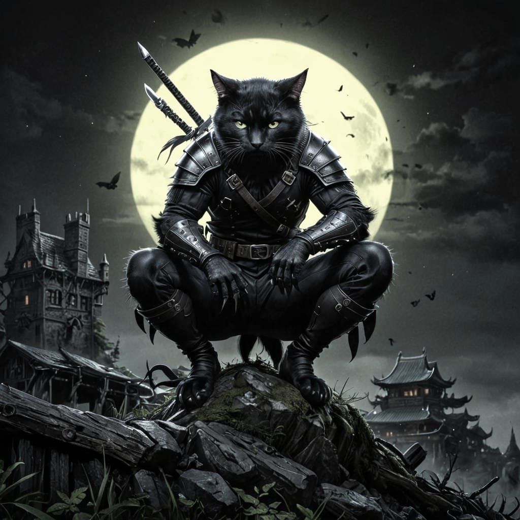 Gothic Cat Ninja on Castle, Hyperrealistic Art