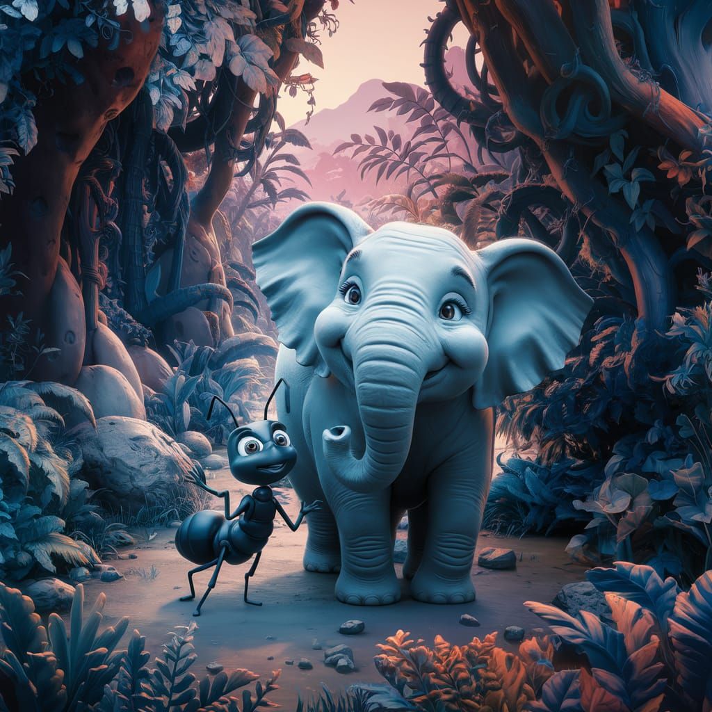 Friendly Ant and Elephant in Lush Jungle