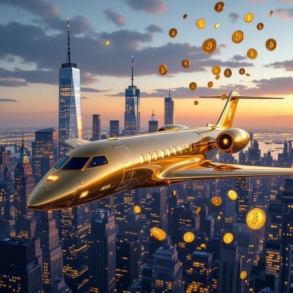 Futuristic Golden Jet Over New York in Cyberpunk Style