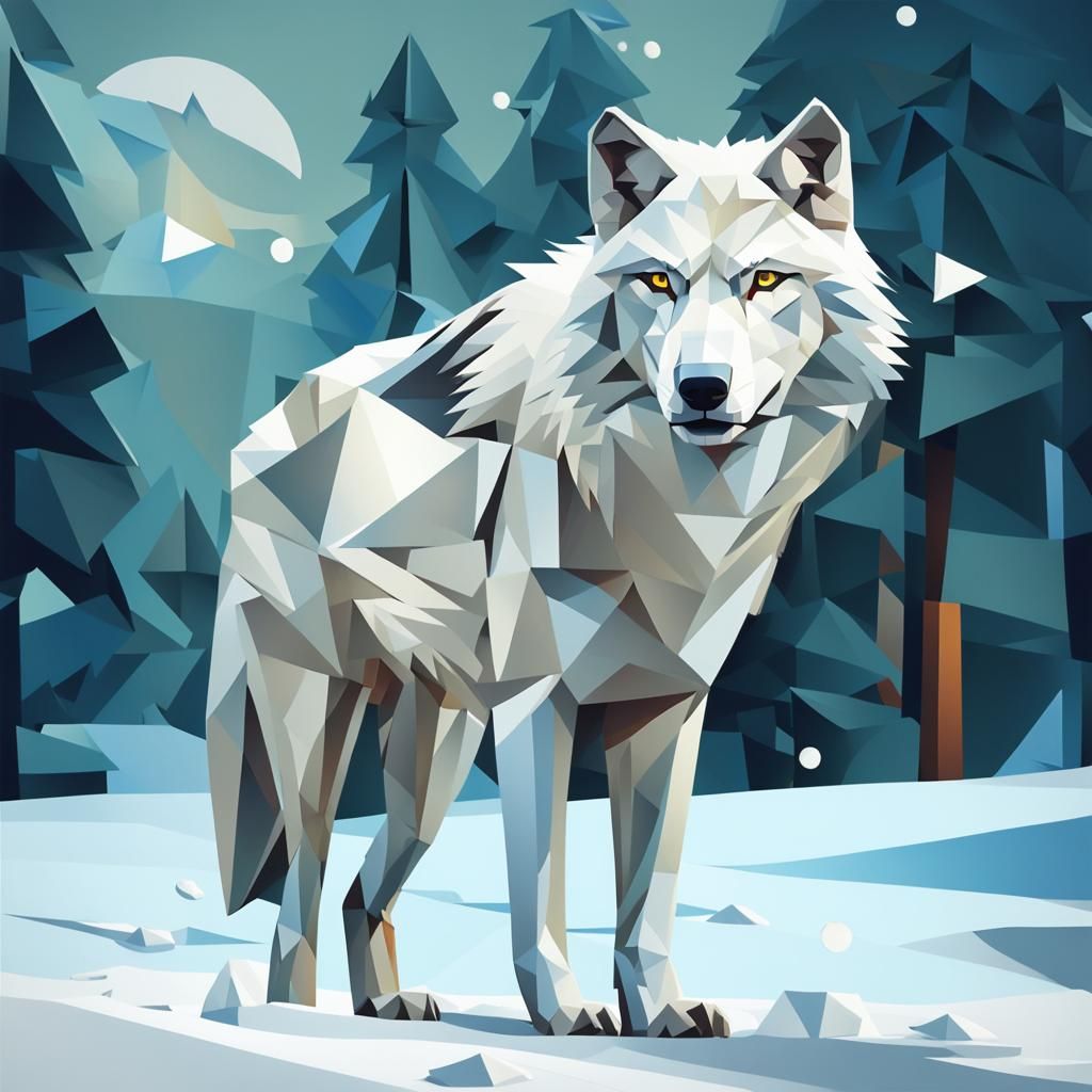 White Wolf in Snow, Cubist Art Deco Style