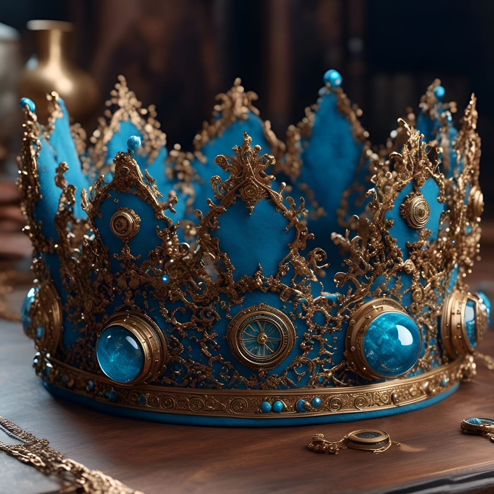 Blue Steampunk Crown on Table, Photorealistic Image