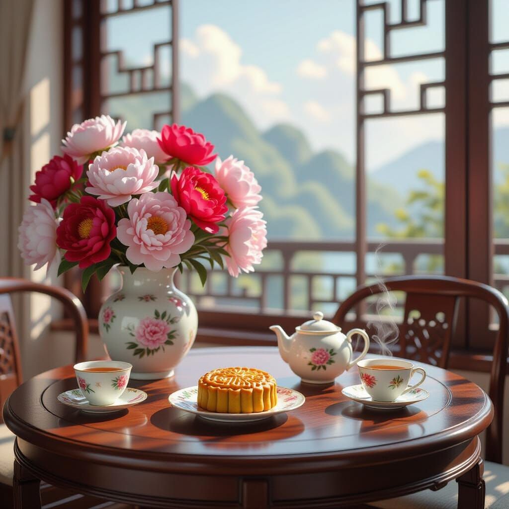 Serene Chinese Dining Scene with Mooncake and Peonies