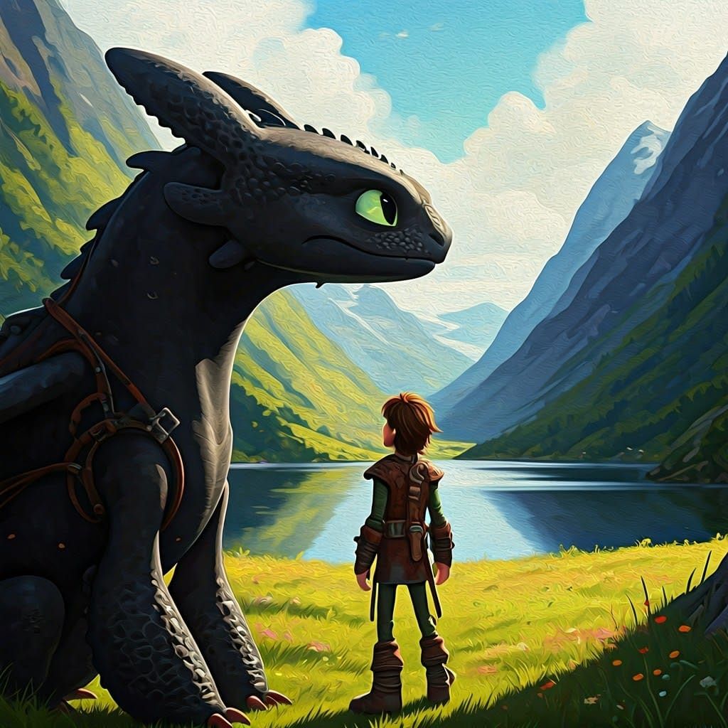 Hiccup and Toothless in Majestic Valley, Gouache Oil Paintin...