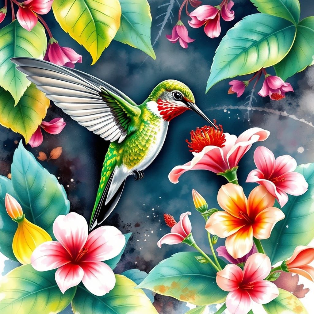 Vibrant Hummingbird Feeds in a Whimsical Watercolour Garden