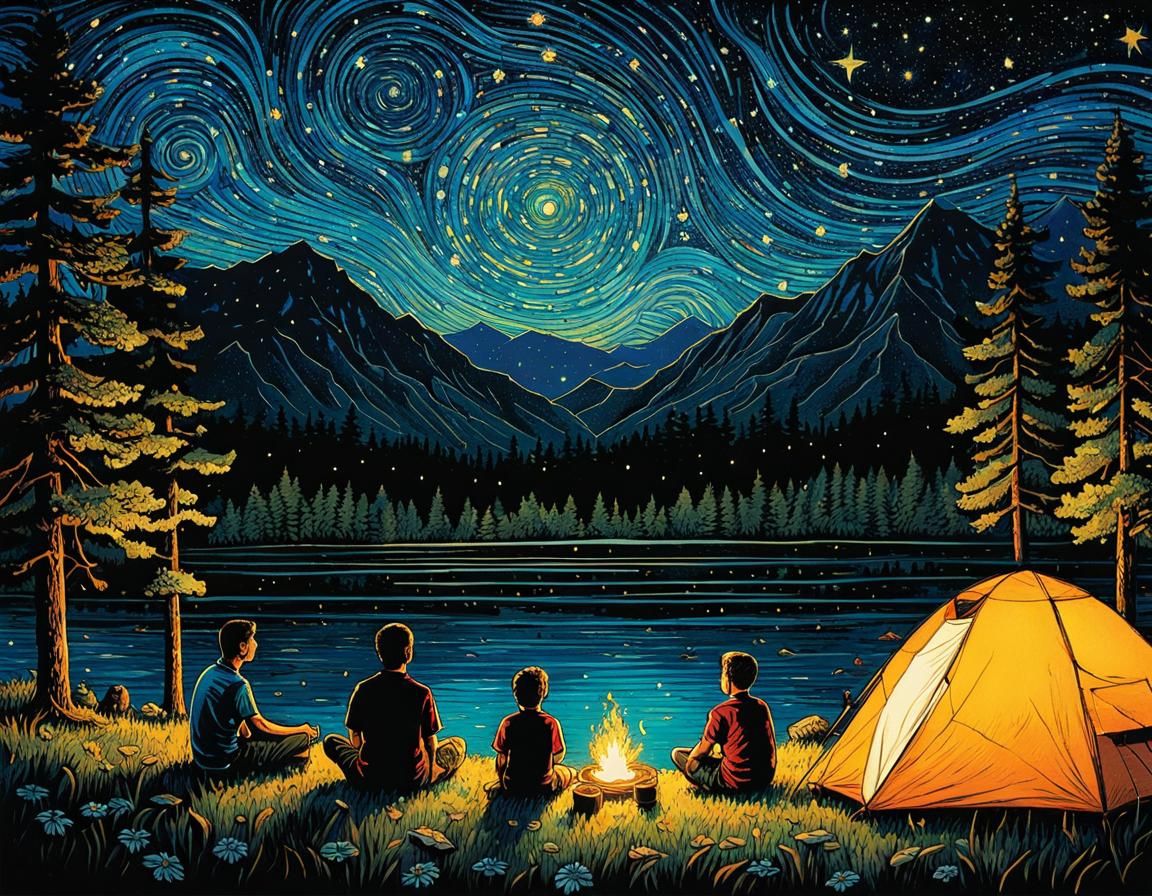 Summer Camp Under Stars in Visionary Art Style