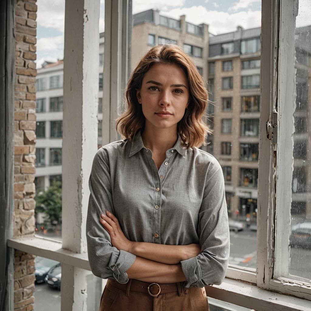 Confident Woman in Gray and Brown by a Window