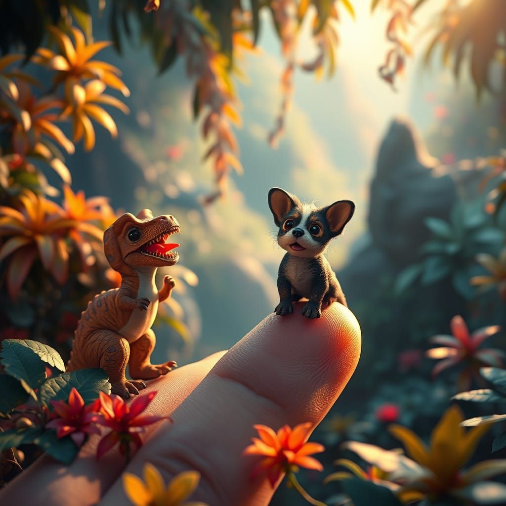 Whimsical Dinosaurs and Dog Scene in Fantasy Art Style