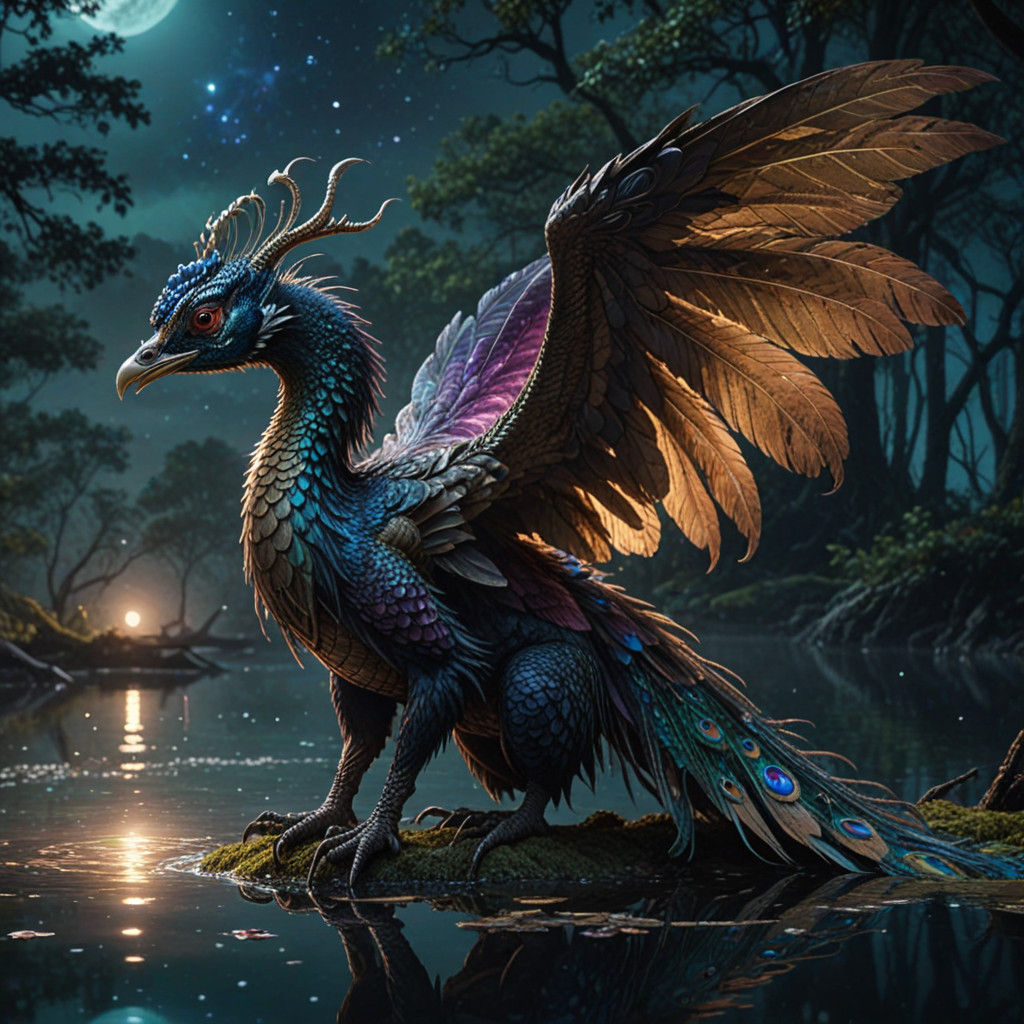 Moonlit Peacock Dragon in Whispers of the Enchanted Lake