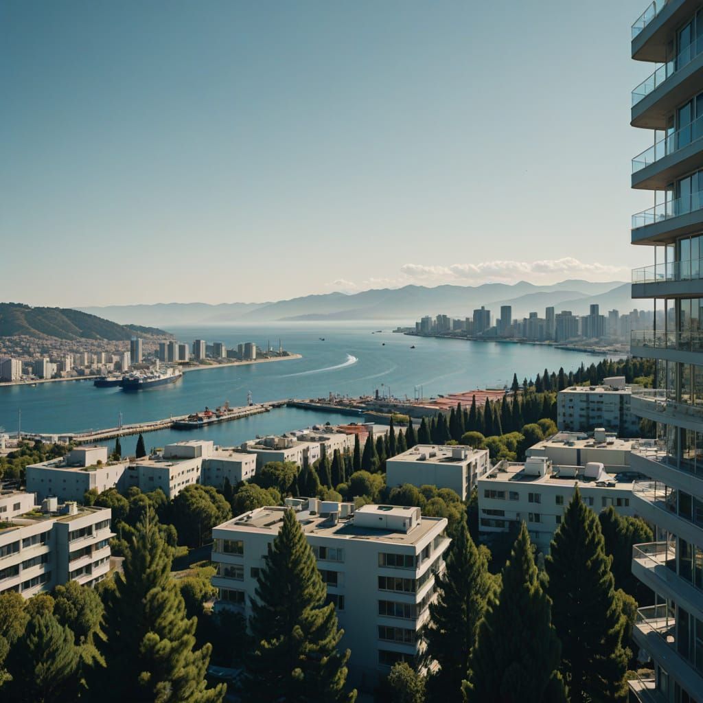 Scenic Cityscape Overlooking Blue Bay in Realistic Style